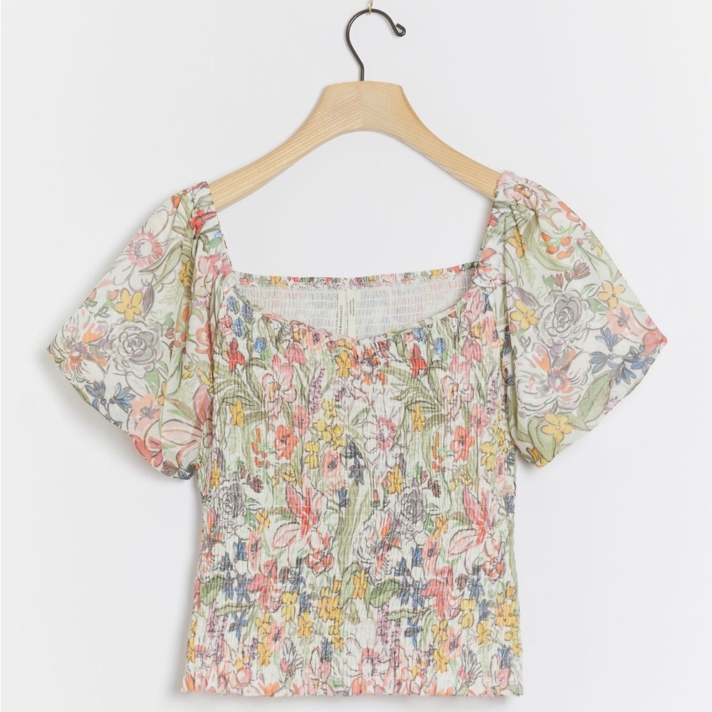 Ruched floral top with puff sleeves from Anthropologie (XSP)